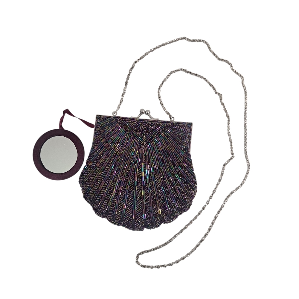 Metaphor Purple Beaded Chain Link Clutch Chain Strap Kiss Lock With Mirror